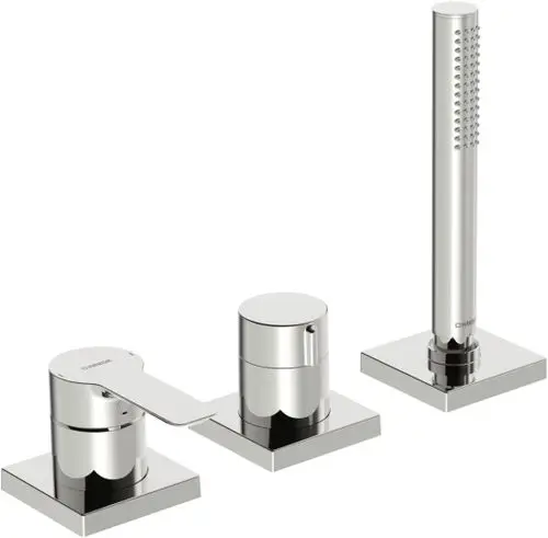 Fertigmontageset für Wanne und Brause mit einem hebelbetriebenen Mischsystem und zwei Steuerungsgriffen, in Chrom-Optik, produziert von HANSA.